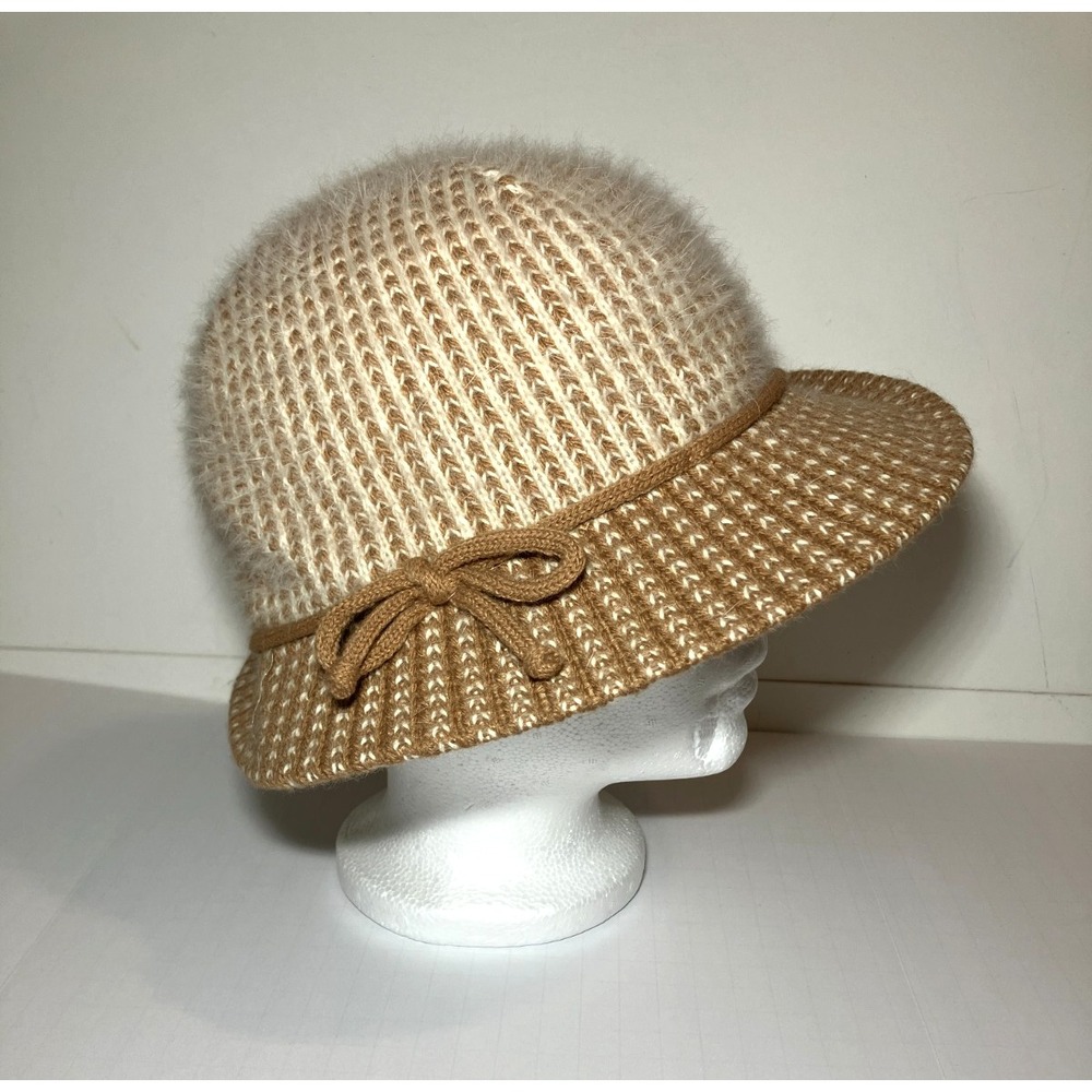 Vintage Kangol Design Made In England‎ Tan Beige Wool Knit Cloche Bucket Hat 90s